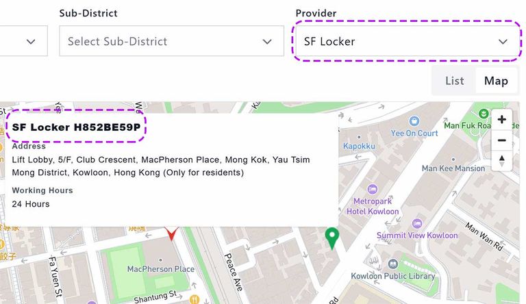 于提货地图选择 SF Locker——显示 24 小时及完整地址