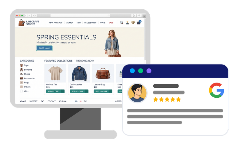 Shopify 店面配以 Google Reviews 卡片，建立品牌信任