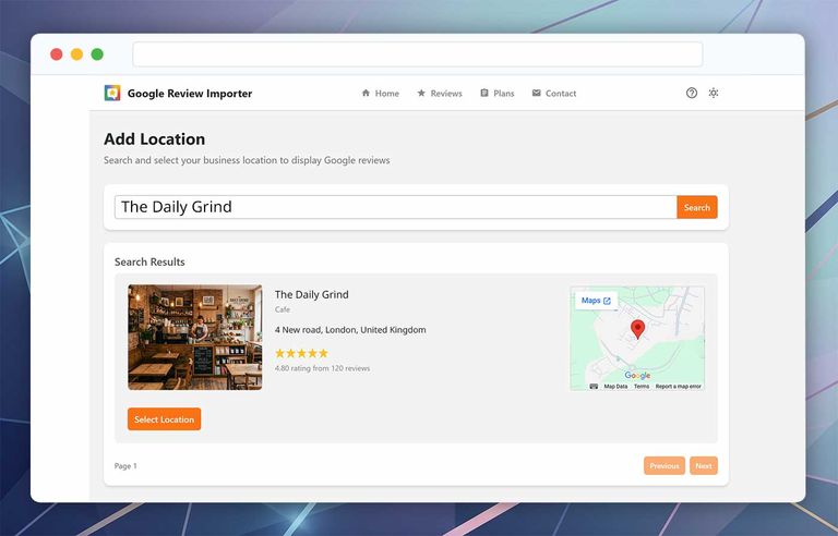 Google 评论导入工具「添加地点」界面，显示商家搜索结果