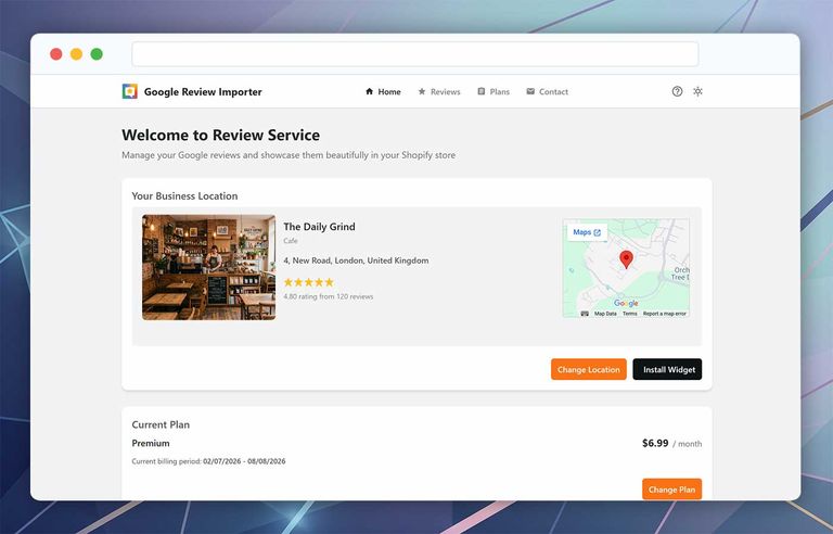 Google 评论导入工具首页，显示已连接的 Google 商家地点