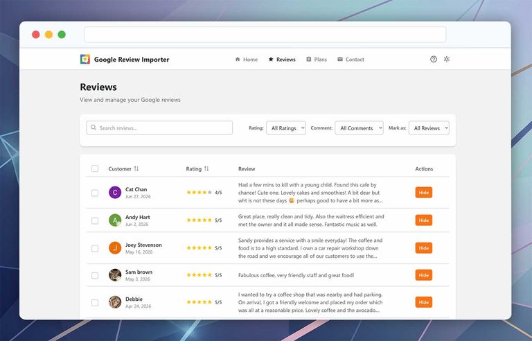 Google 评论导入工具评价收件箱，含搜索、筛选及隐藏操作
