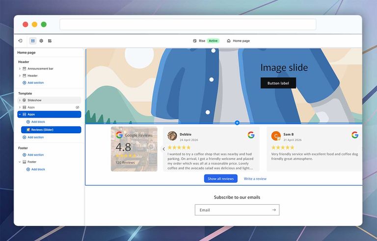 Shopify 主题编辑器中，首页已添加 Google Reviews Slider app block