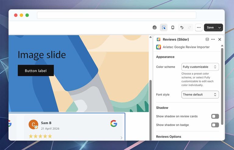 主题编辑器中 Google Reviews Slider 的外观与颜色设置